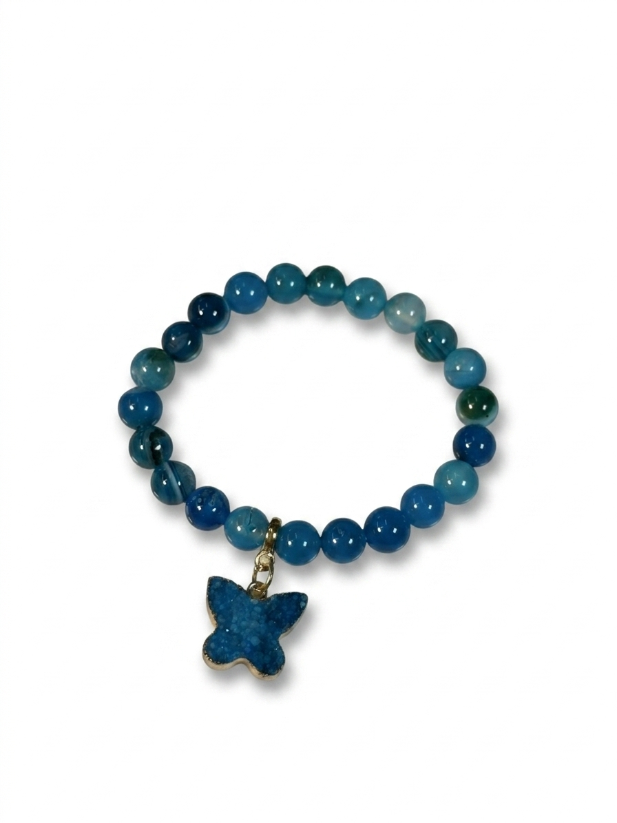 Blue beaded bracelet with a star-shaped charm on a white background