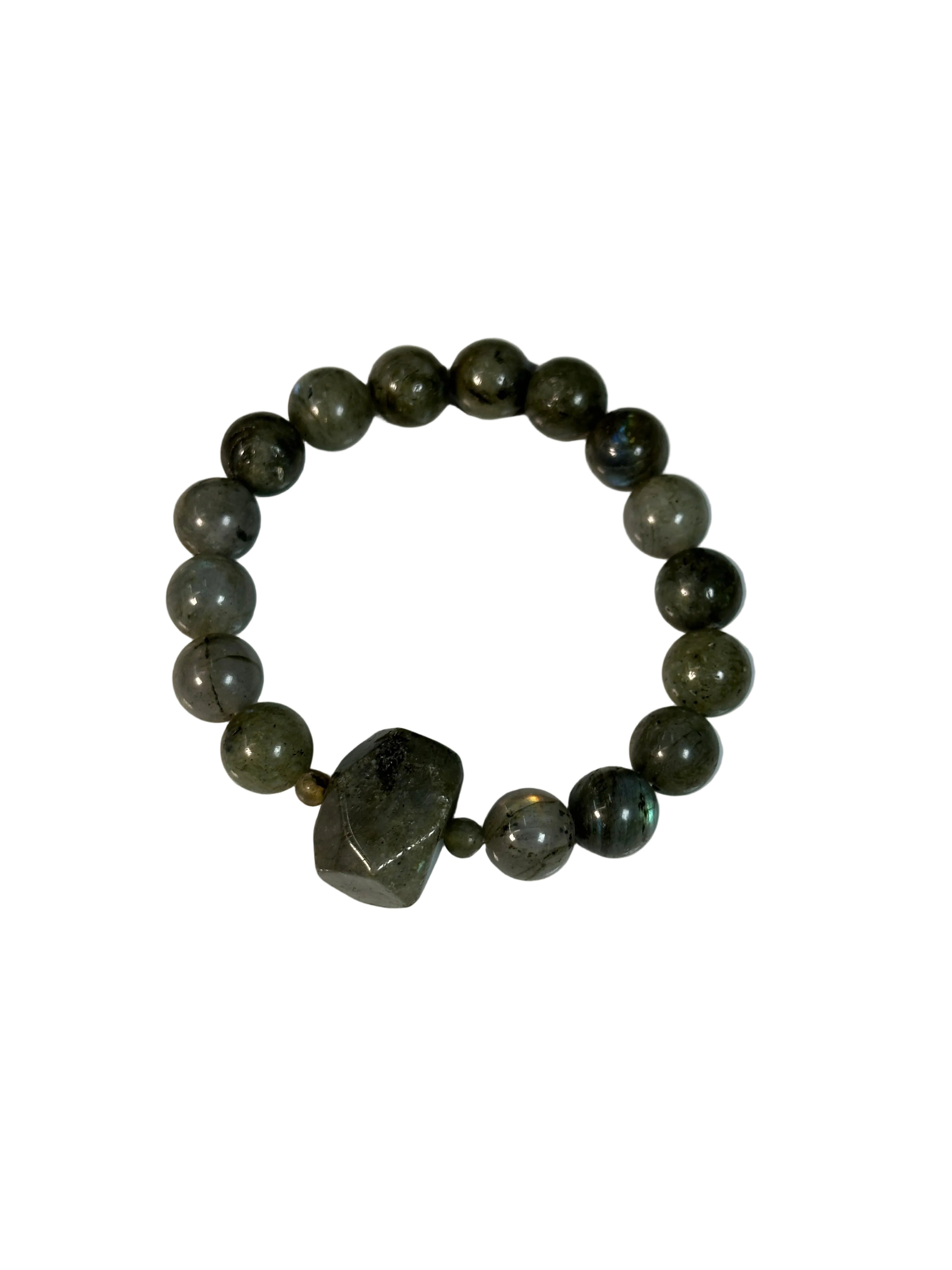 Grey beaded bracelet with a geometric stone on a white background